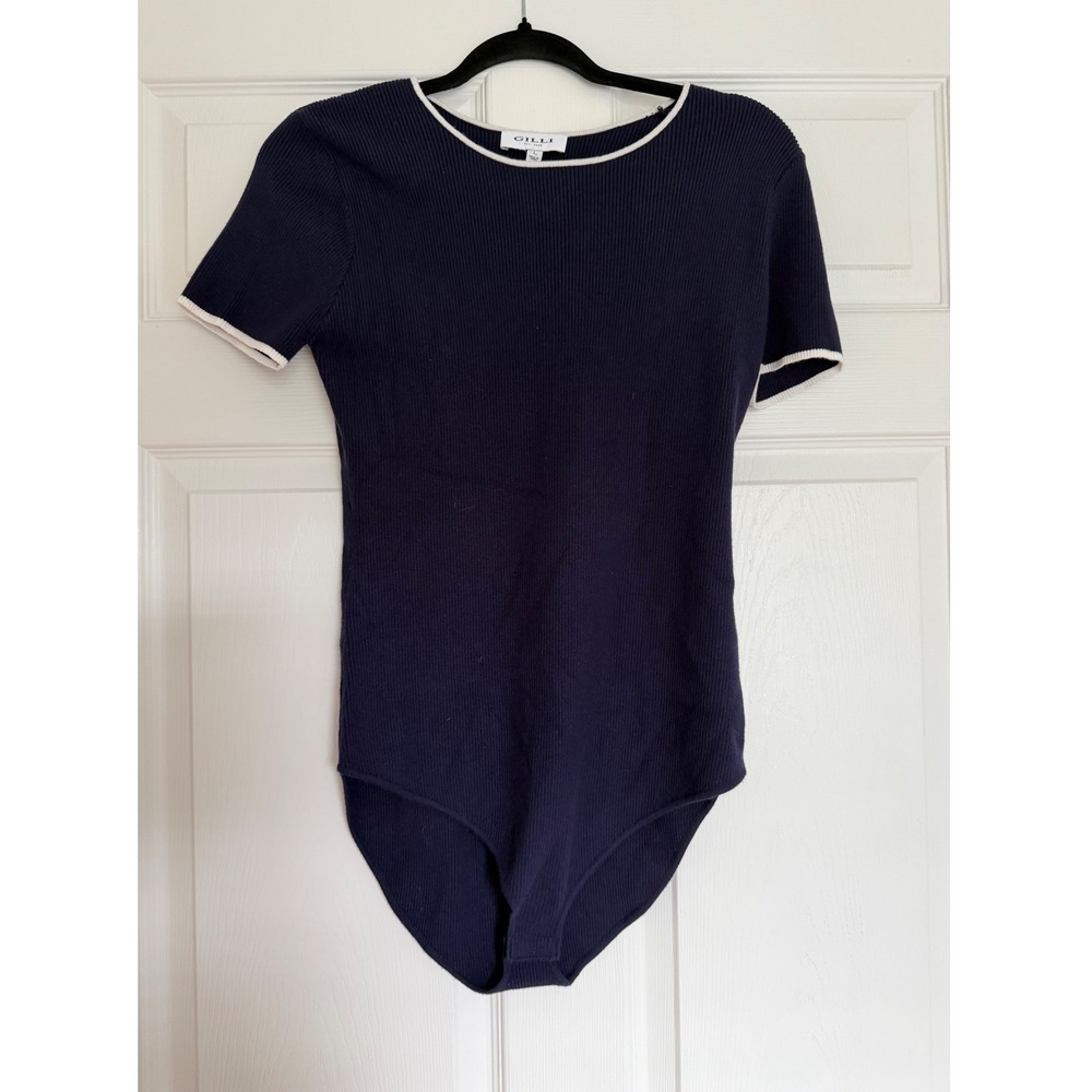 Gilli Navy Blue Ribbed Knit Short Sleeve Bodice White Trim Stitch Fix Large NEW